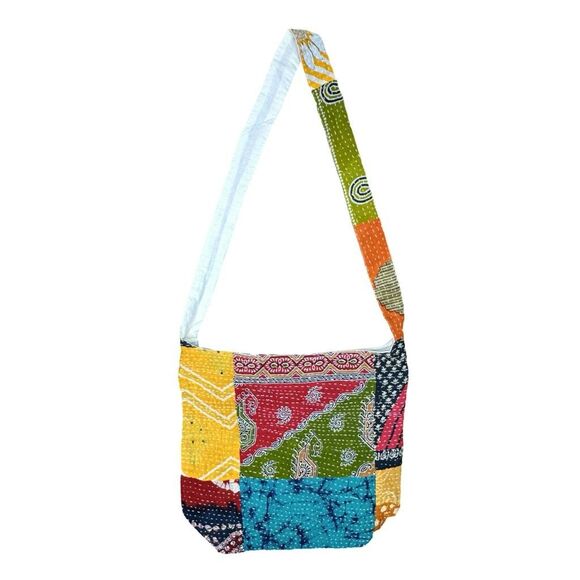 Kantha Patchwork Crossbody Hobo Shoulder Bag - 14” x 10” x 5” - Picture 1 of 6